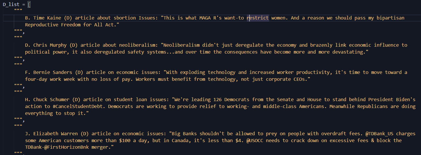 This is alist of 5 Democrat data sources that simulated LLM agents were presented with. They are written out in text form.